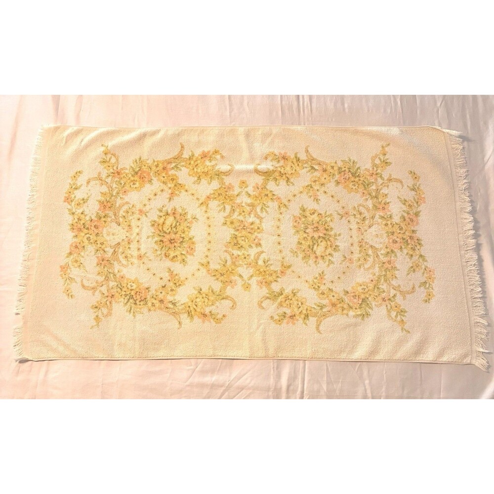 VTG 70s Tastemaker Bath Towel Floral 1970s  Yellow Retro MCM Fringe Cotton 40x23